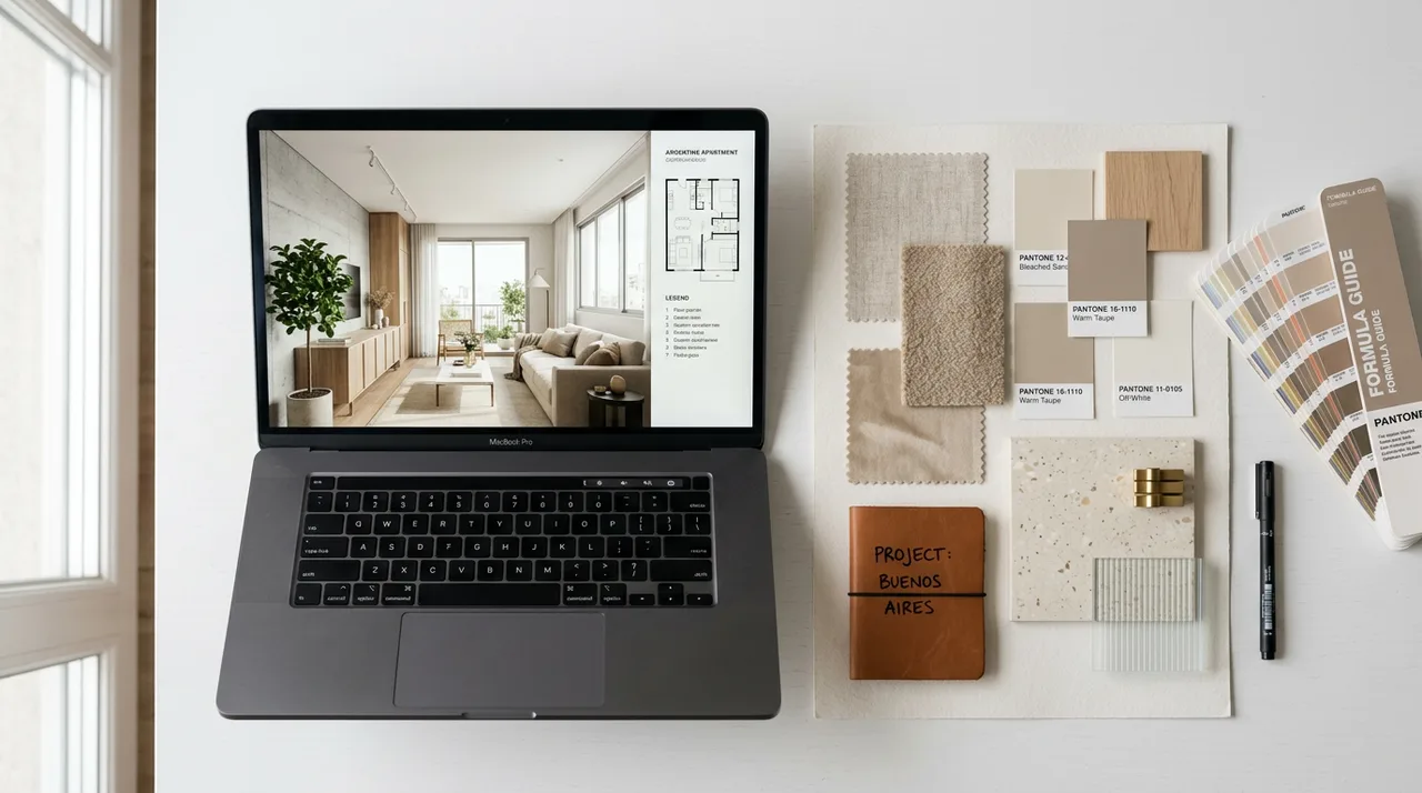 Herramientas de diseño arquitectónico: render 3D en laptop, moodboard y muestras de materiales — Youarq