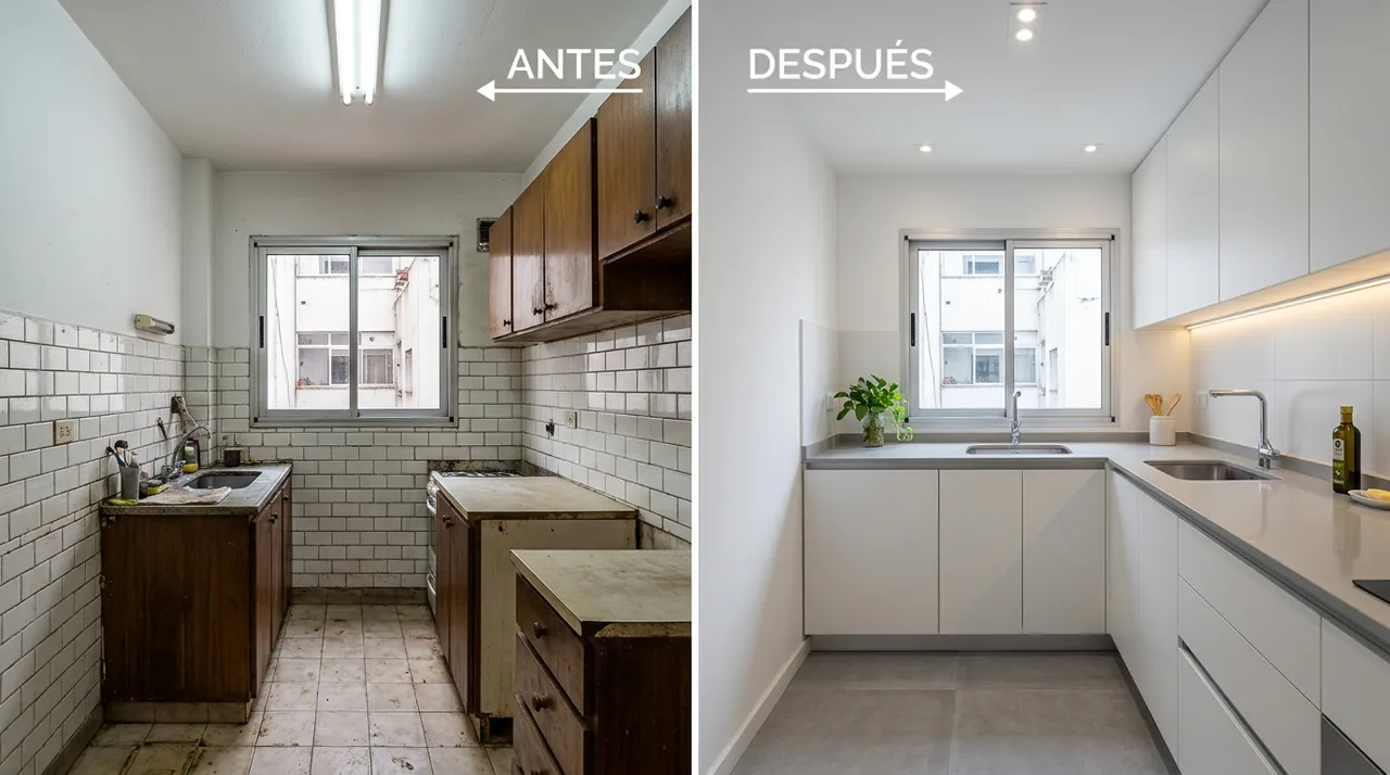 Antes y después de remodelación de cocina en departamento de Buenos Aires — Youarq