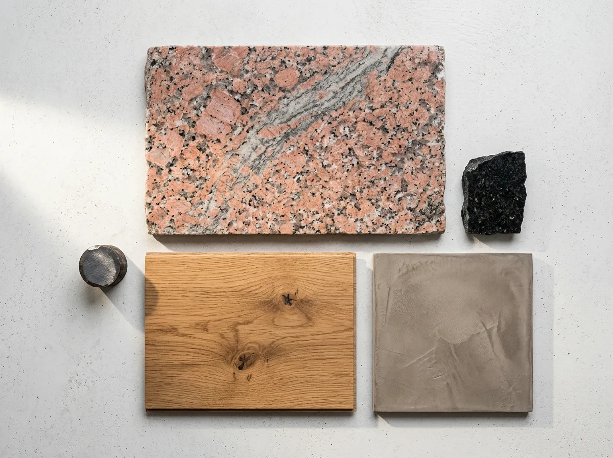 Muestras de materiales nobles para remodelación: granito Rosa Pampa, Negro San Luis, microcemento y madera de ingeniería