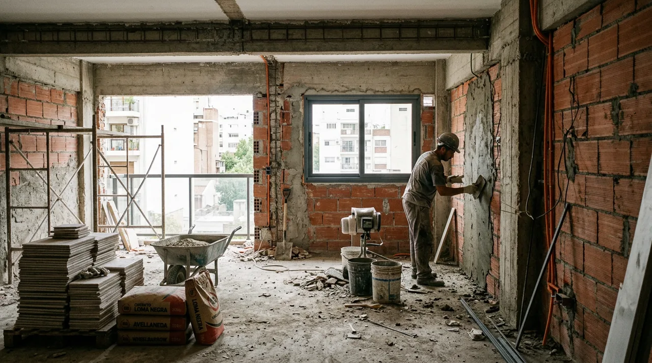Obra de remodelación en proceso — construcción húmeda argentina con ladrillo y hormigón