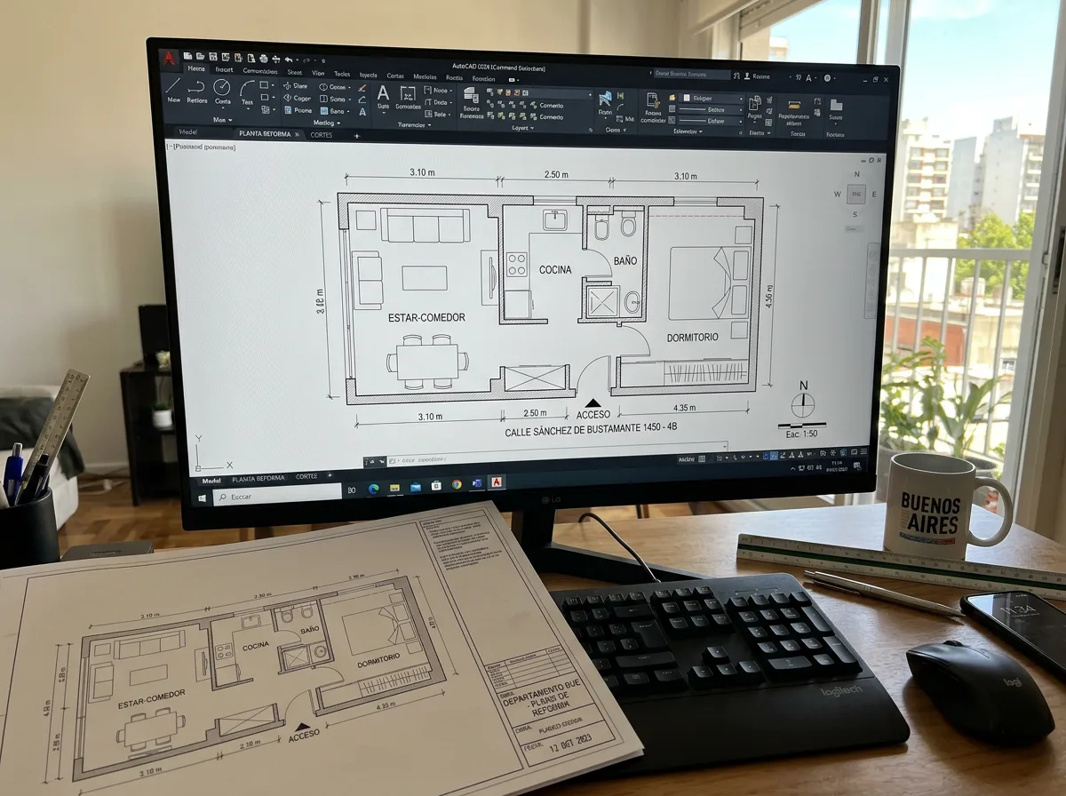 Plano AutoCAD de departamento a remodelar — planta con cotas en metros — Youarq
