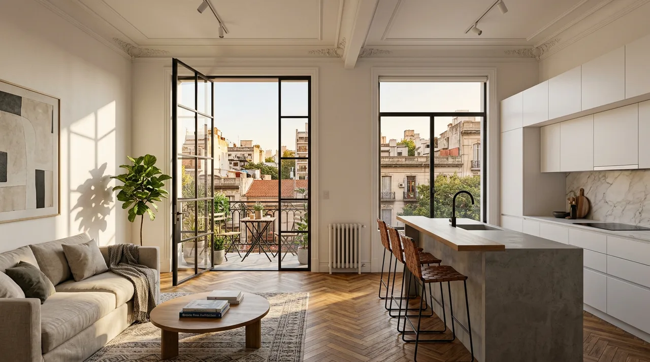 Render 3D de departamento porteño remodelado — living y cocina integrados con cielorrasos altos